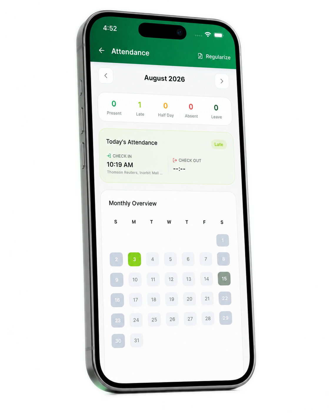 IYOV Employee app — Smart Attendance screen